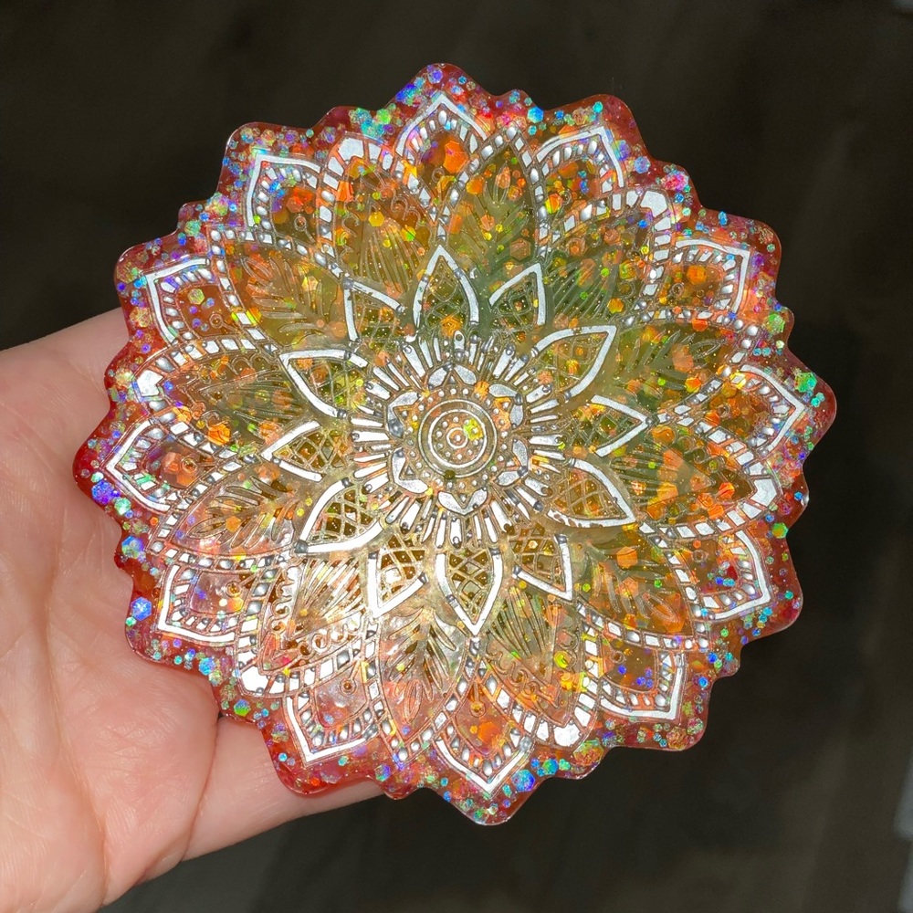 Hand Painted MultiColored Mandala Four Piece Resin Coaster Set
